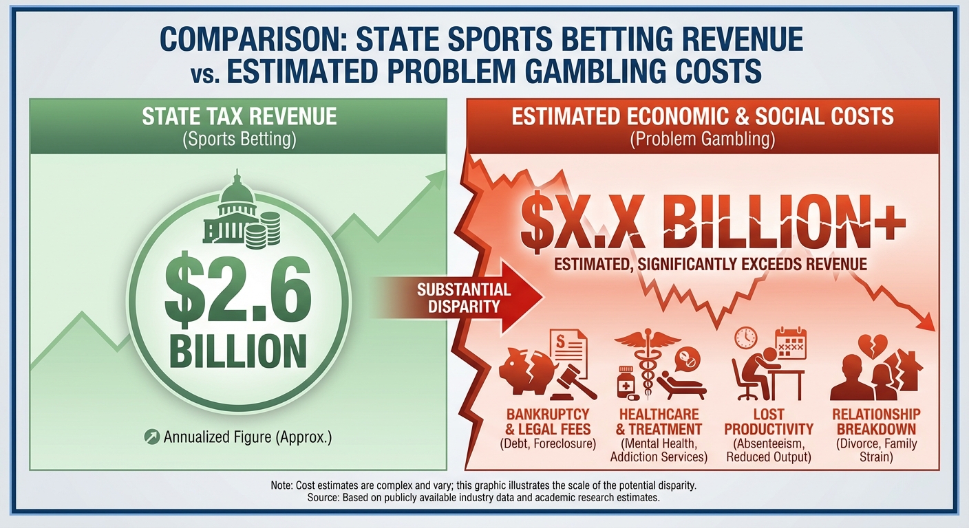 Infographic comparing sports betting tax revenue to problem gambling costs