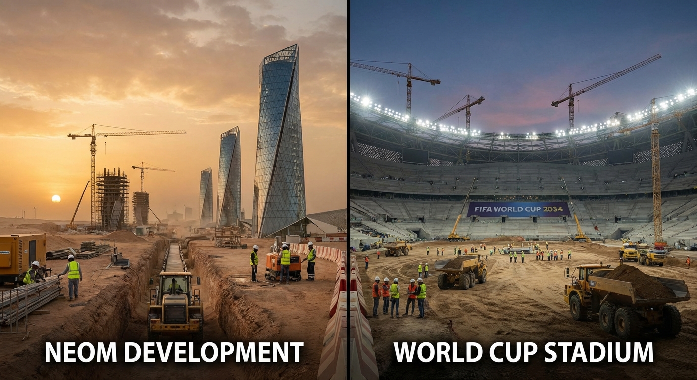 Construction visualization showing NEOM mega-city development alongside World Cup stadium