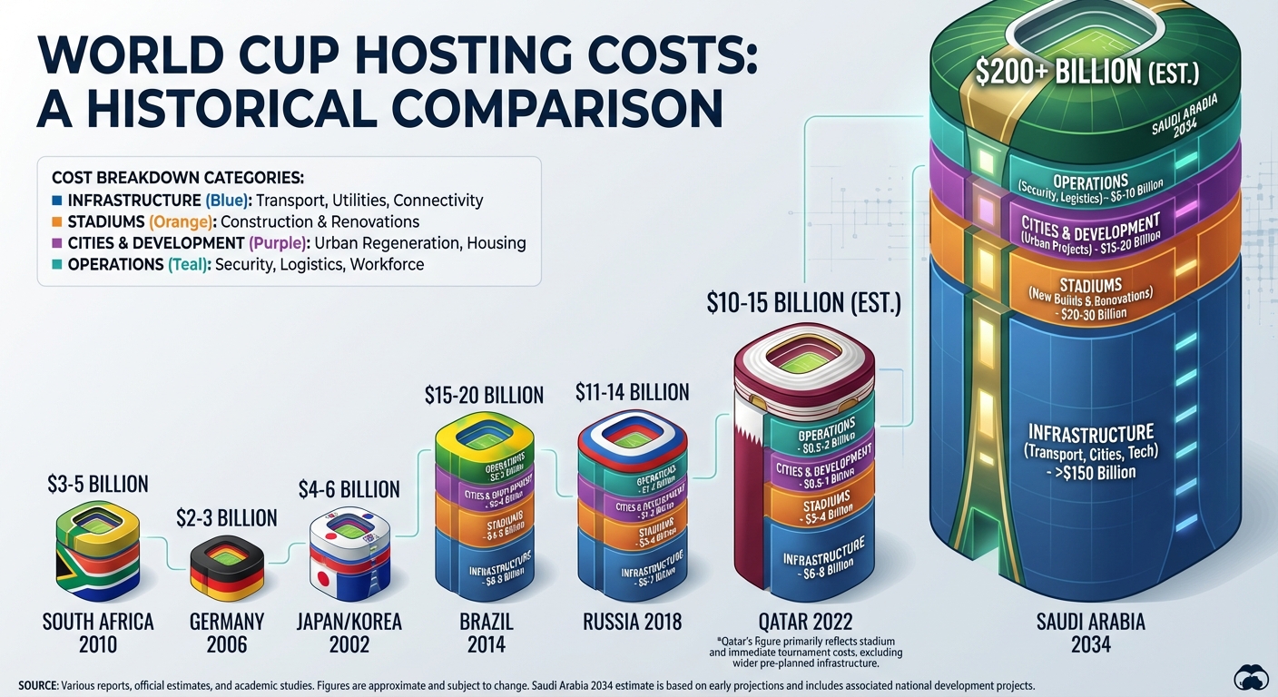 Infographic showing World Cup hosting costs comparison across different host nations