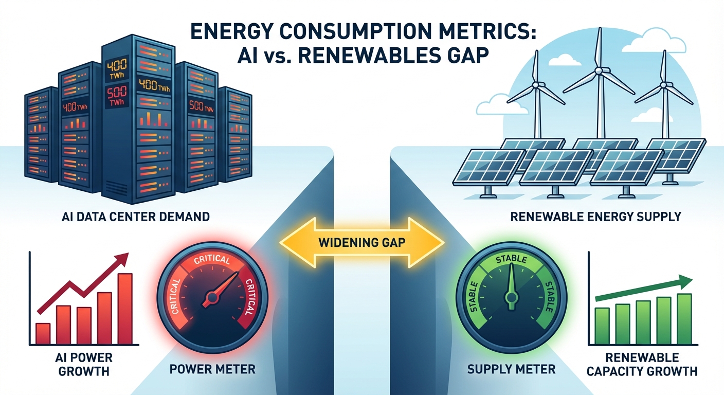 Comparison infographic showing energy consumption of AI operations versus renewable energy capacity