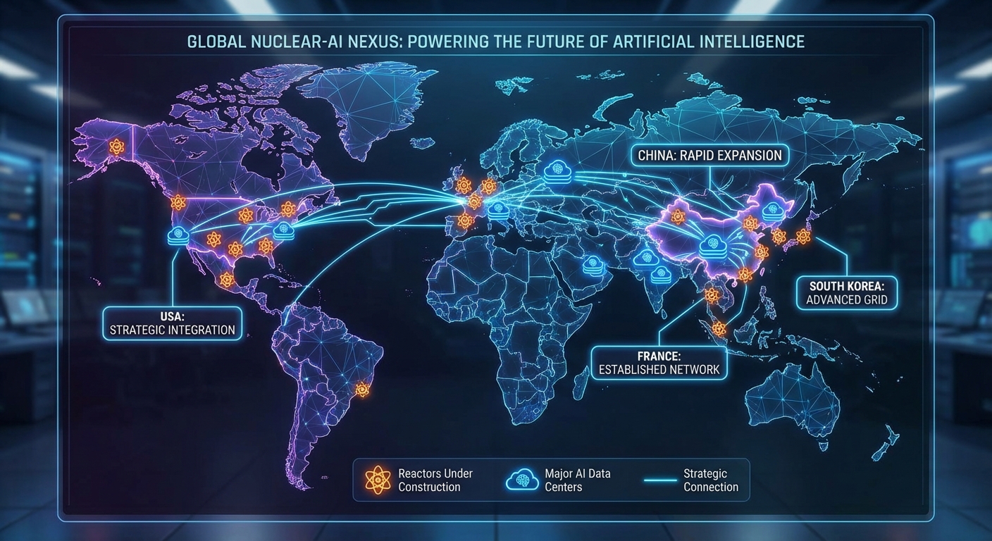 World map showing nuclear reactor construction and AI development hubs