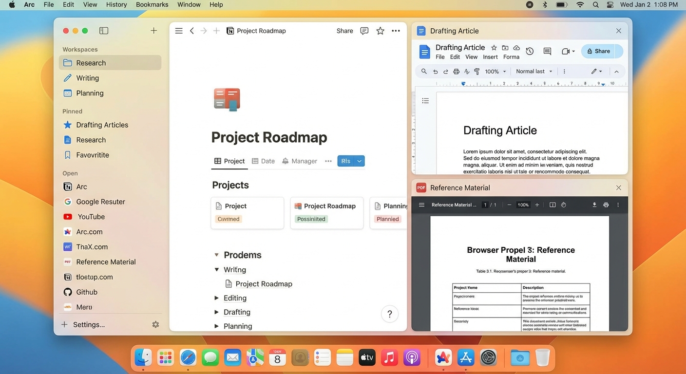 Arc browser interface showing innovative sidebar and workspace organization