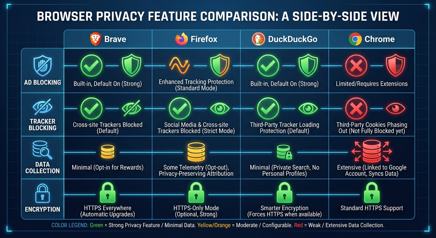 Privacy-focused browser comparison chart showing tracking protection features
