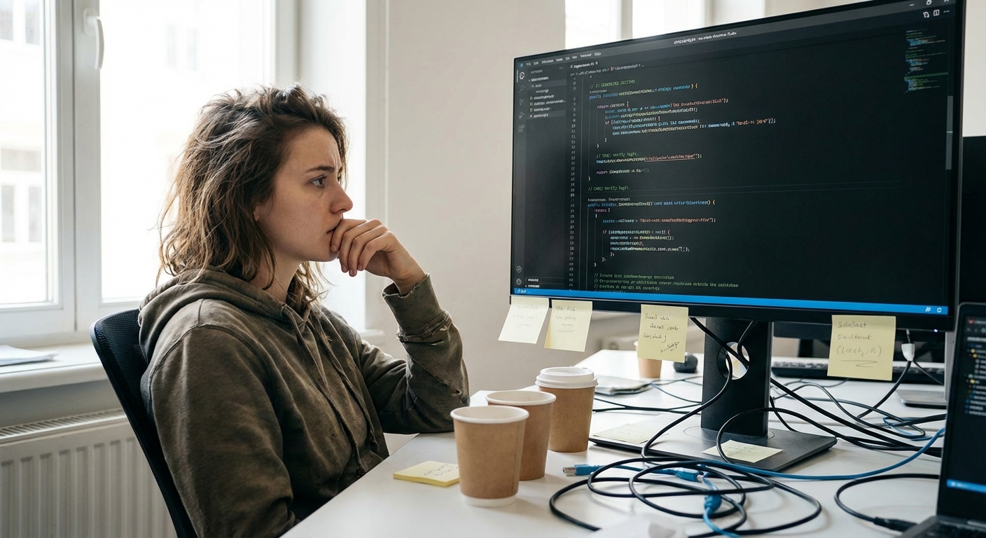 Junior developer looking concerned at computer screen showing AI code generation