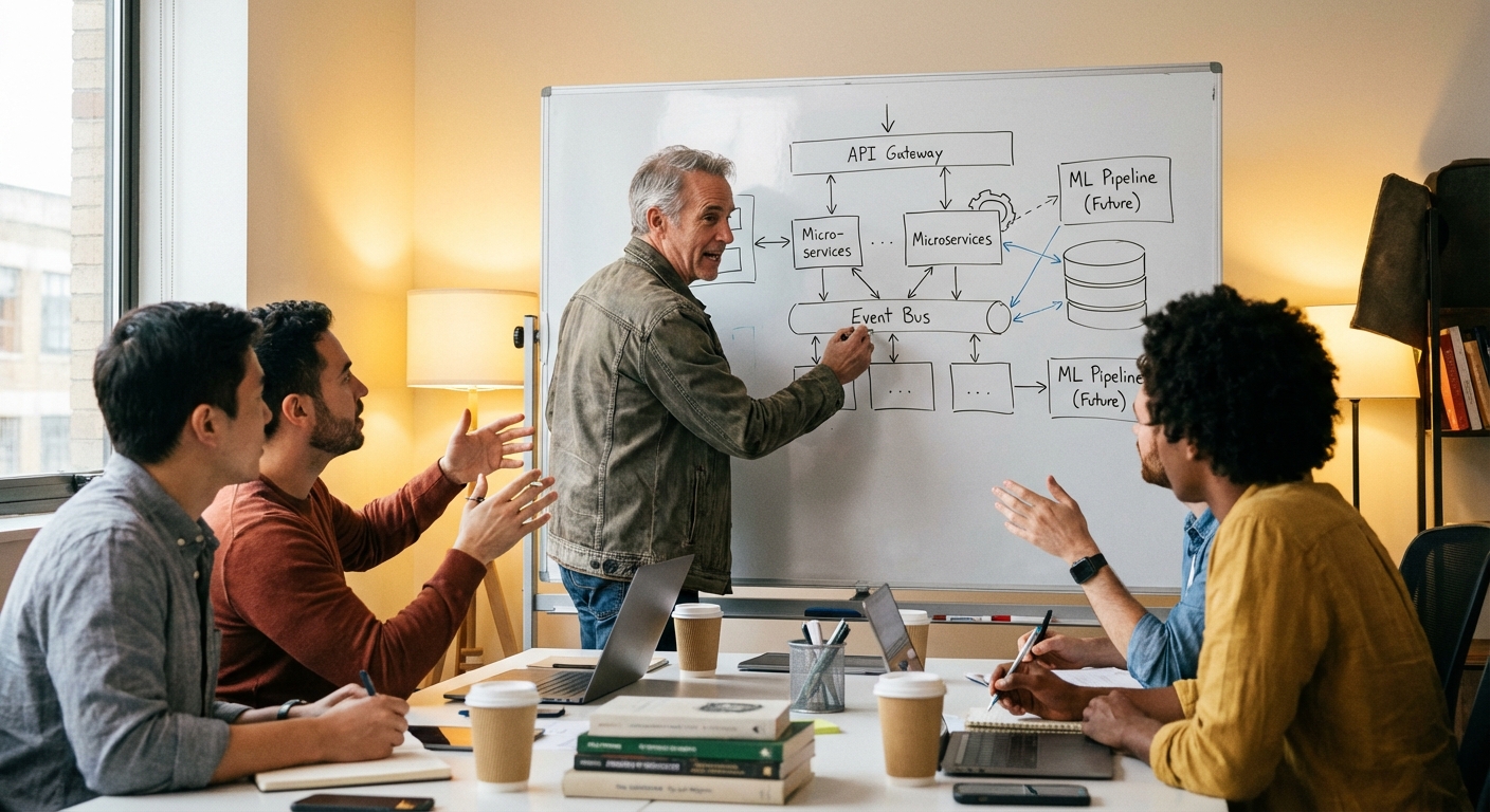 Senior developer leading team meeting with whiteboard system architecture diagram