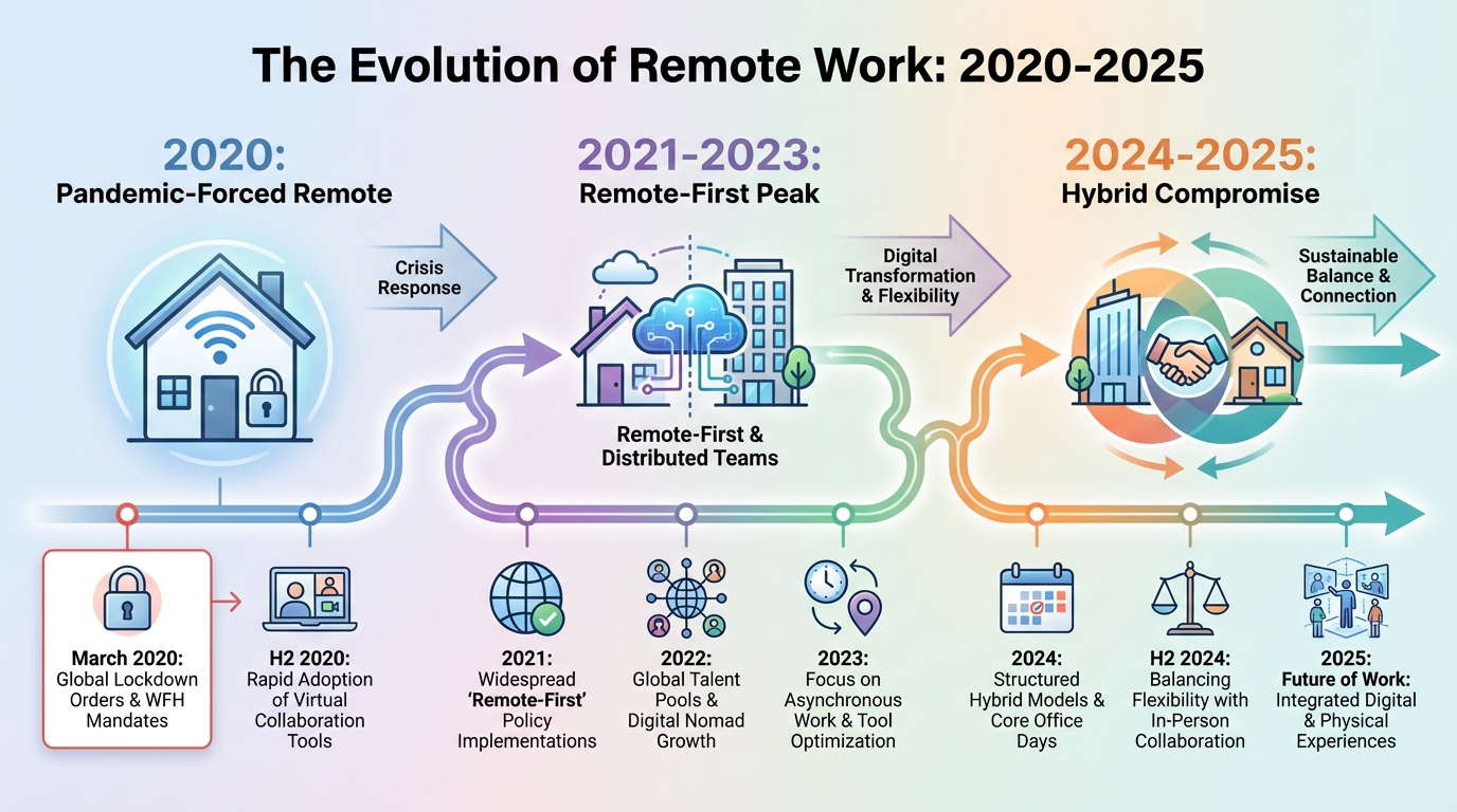 Timeline showing evolution of remote work policies from 2020 to 2025