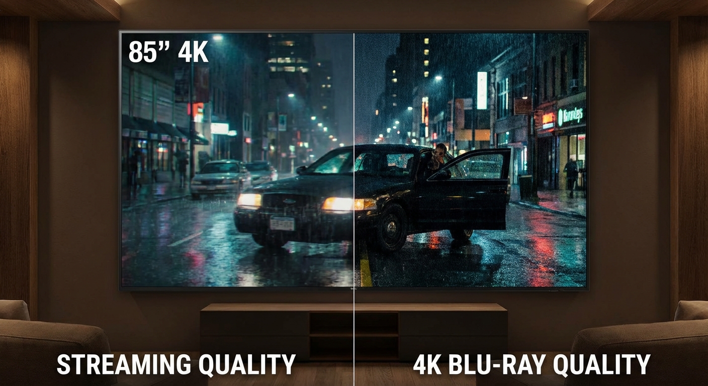 Side-by-side comparison of streaming video quality versus 4K Blu-ray quality on large TV
