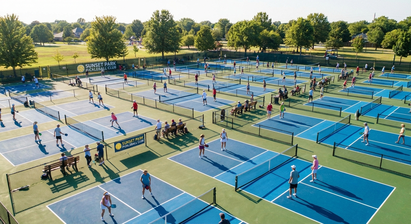 Outdoor pickleball complex with multiple courts filled with players of various ages