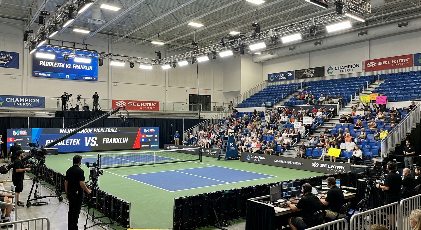 Professional pickleball venue with stadium seating and broadcast equipment