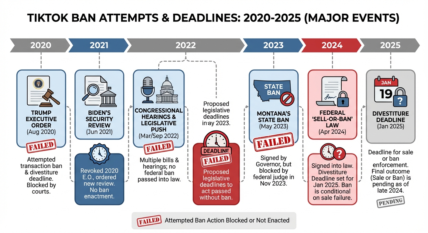 Infographic showing timeline of failed TikTok ban attempts from 2020 to 2025