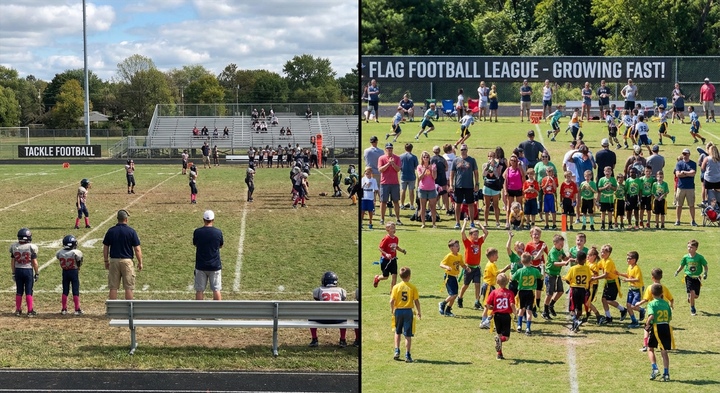 Split image comparing tackle football and flag football youth participation