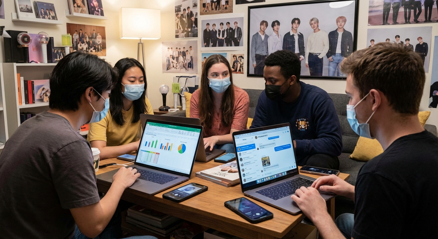 K-pop fans organizing streaming party with multiple devices and coordinated playlists