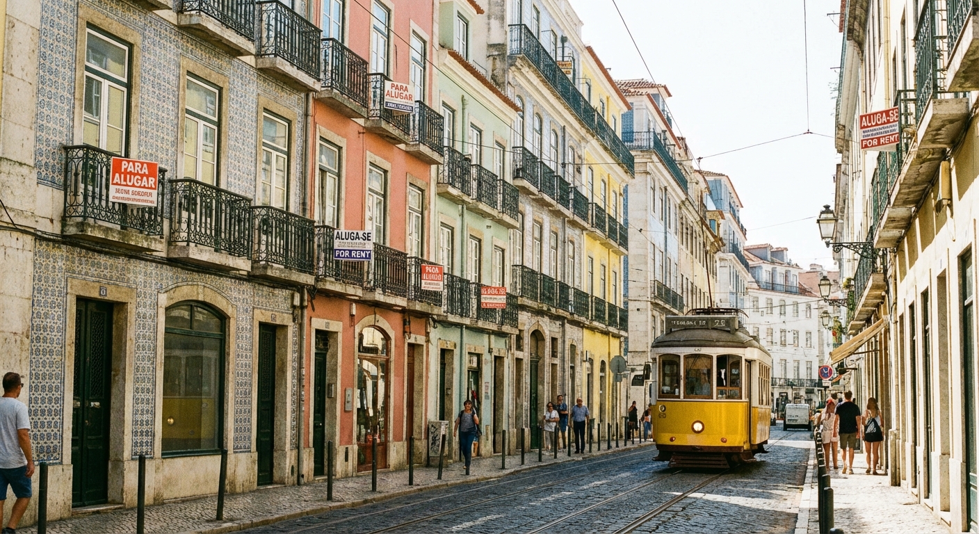 For rent signs in English covering Lisbon apartment buildings with locals protesting below