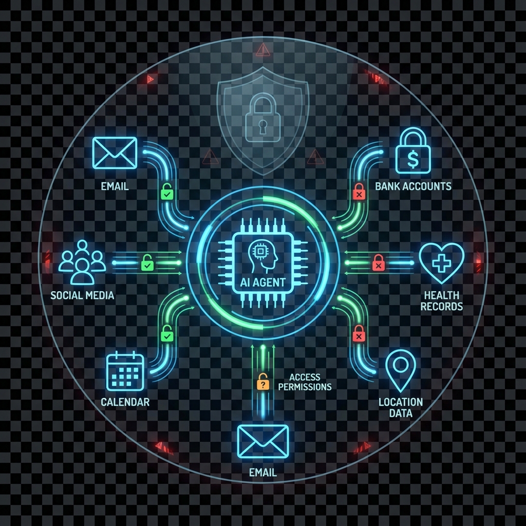 Privacy and security visualization showing AI agent access to personal data