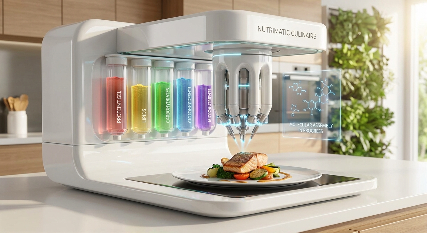 Futuristic concept of molecular food printer creating a meal