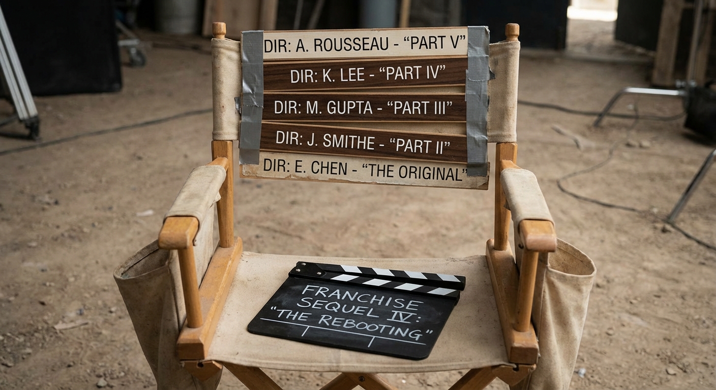 Film director's chair with multiple name plates stacked showing different directors across sequels