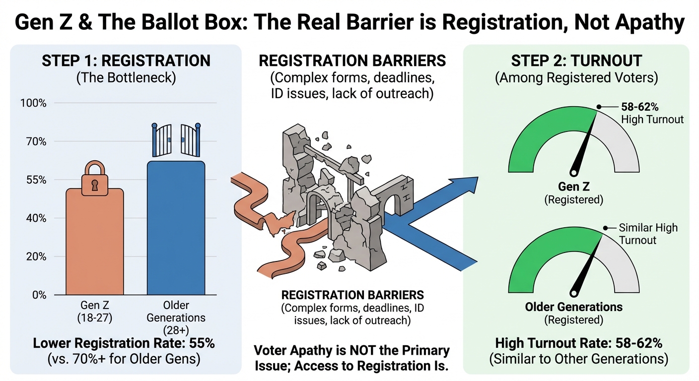 Data visualization comparing Gen Z voter registration rates to turnout rates when registered