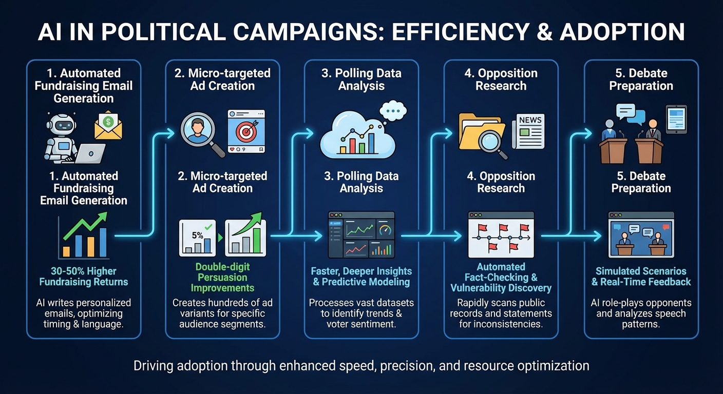 Infographic showing the different applications of AI in modern political campaigns