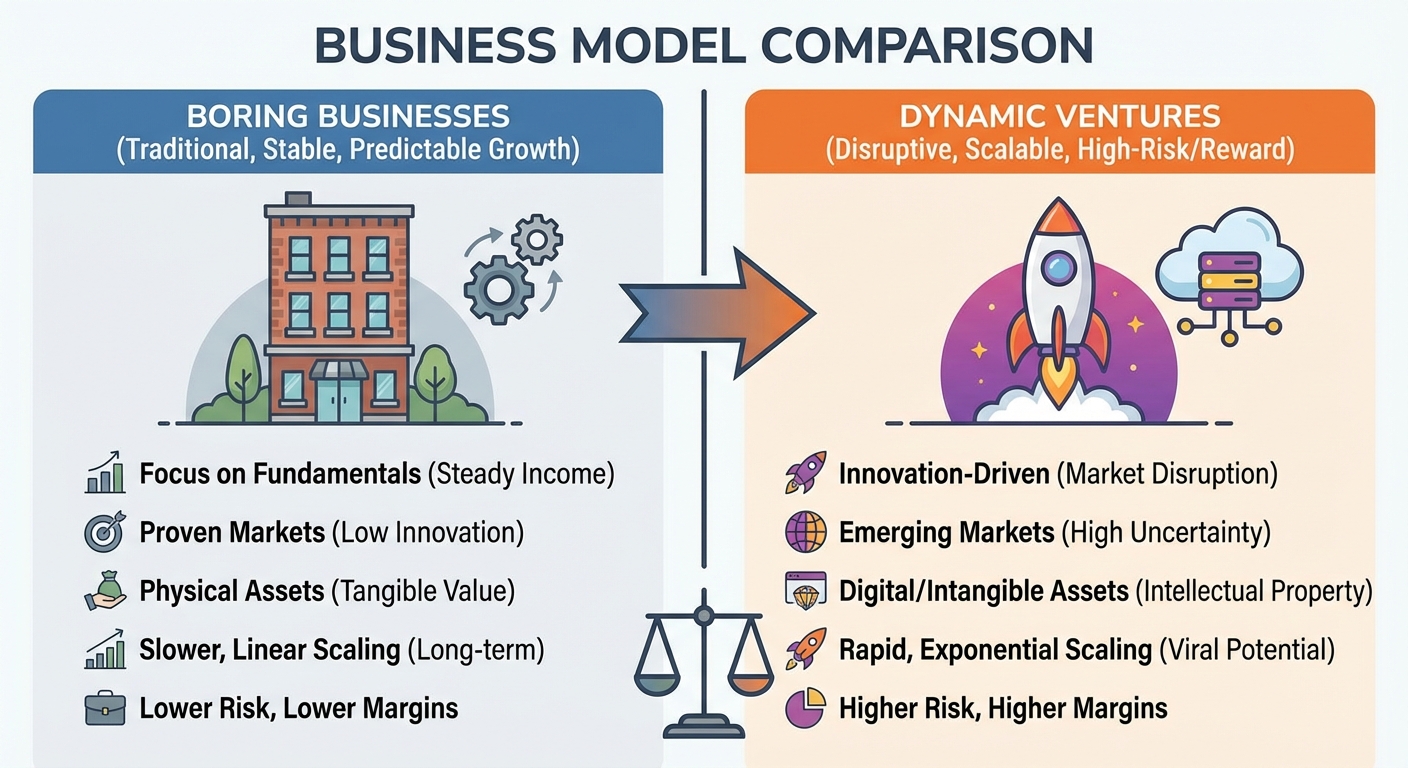 Comparison chart showing survival rates and ROI of boring businesses versus tech startups