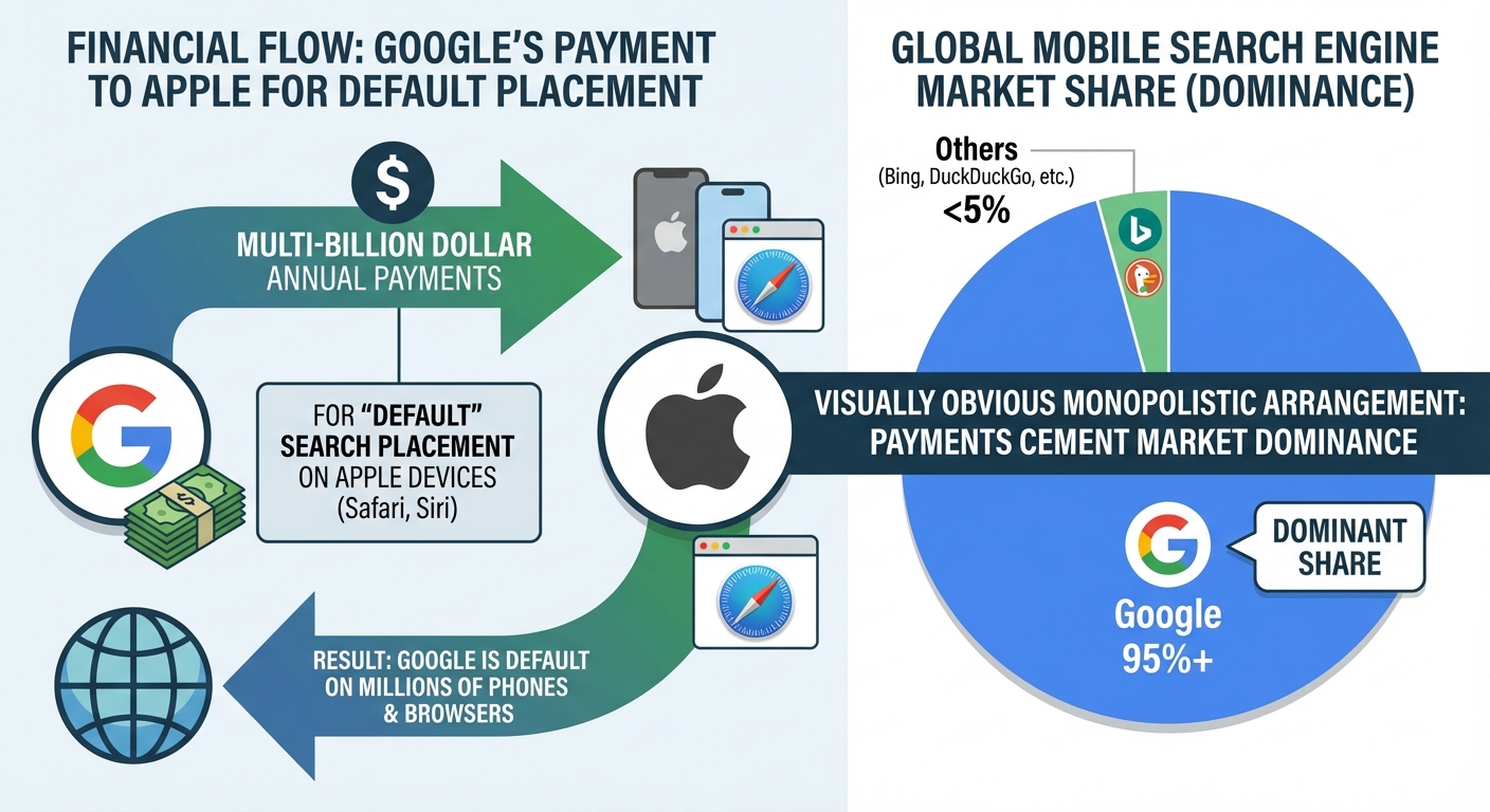 Infographic showing Google's payment to Apple and market share dominance