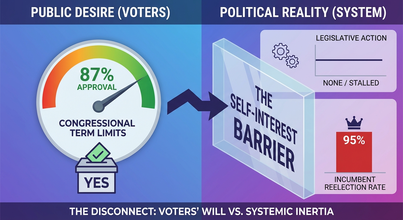 Data visualization showing 87% public support for term limits versus near-zero congressional action