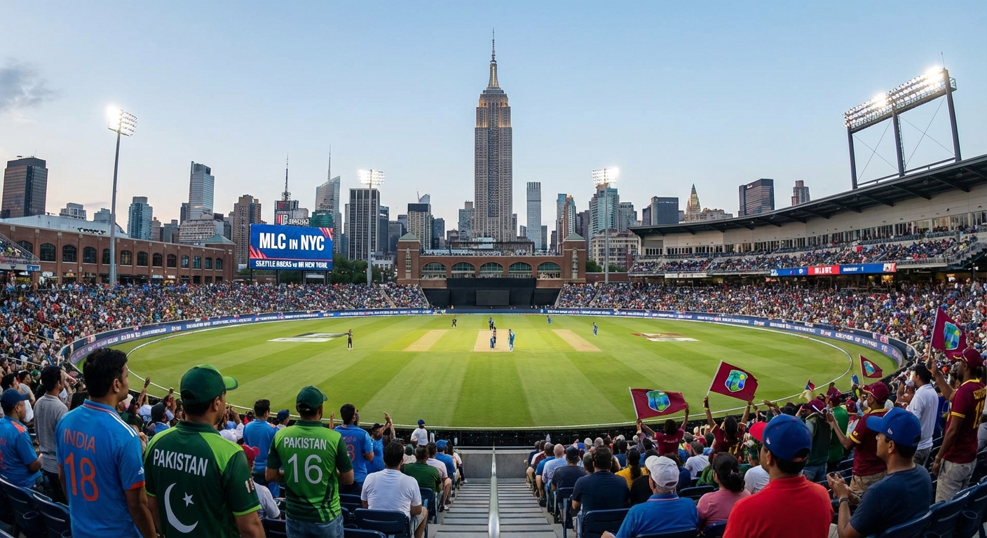 Major League Cricket match at a U.S. venue with diverse crowd of fans