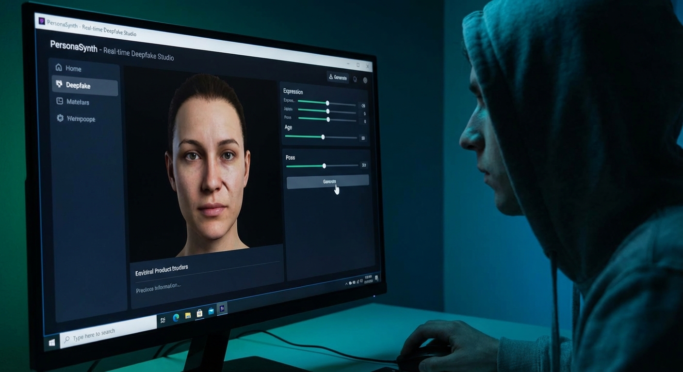 Computer screen showing deepfake creation software with realistic AI-generated face