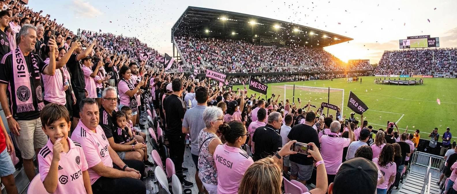 Packed stadium with diverse crowd of new MLS fans watching Inter Miami match