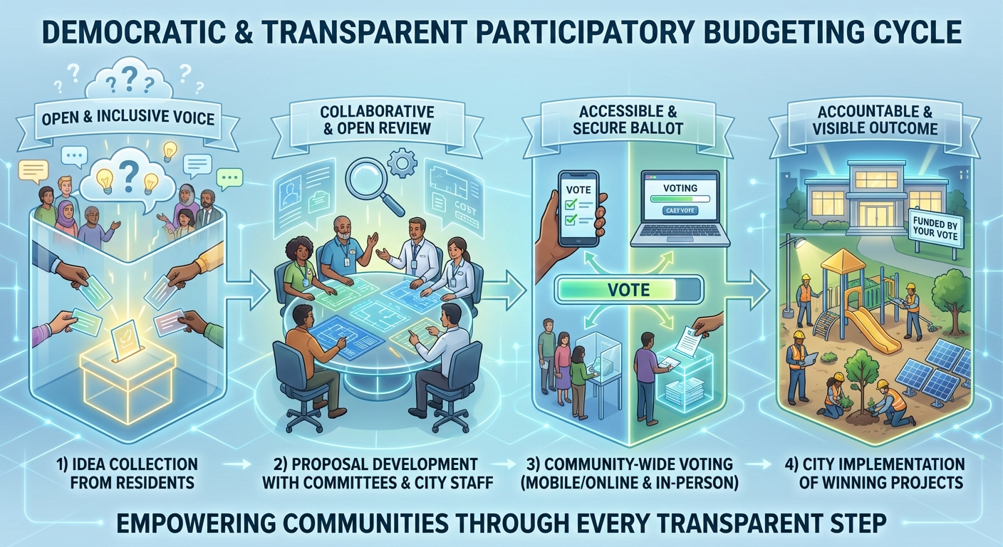 Infographic showing the participatory budgeting process from idea submission to implementation