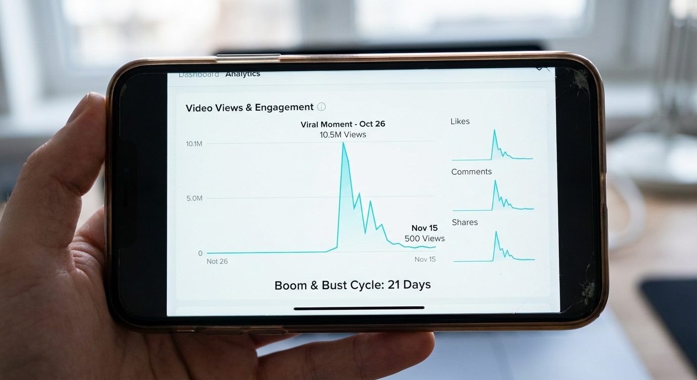 Analytics dashboard showing dramatic spike and decline in TikTok video views over time