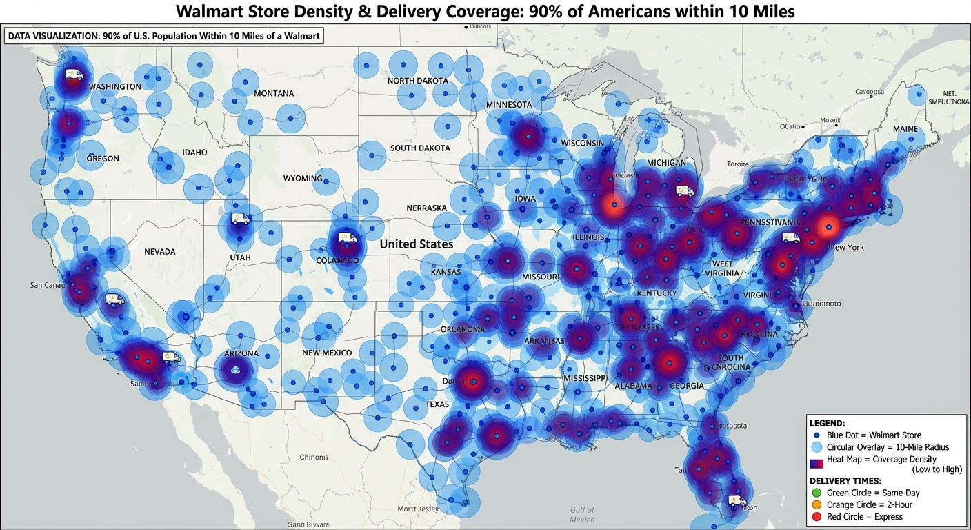 Map showing Walmart store coverage and delivery radius across United States