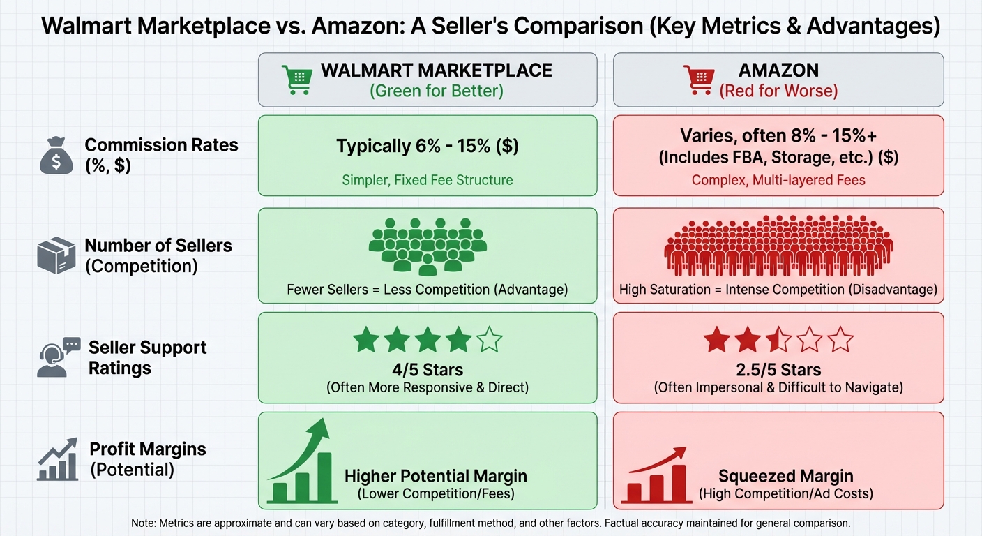 Comparison infographic of seller fees and support between Walmart and Amazon marketplaces