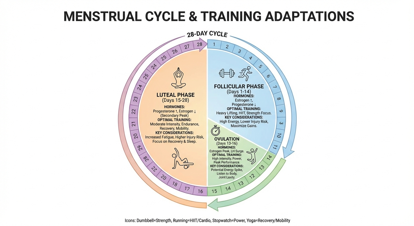 Infographic showing menstrual cycle phases and optimal training intensity for each phase