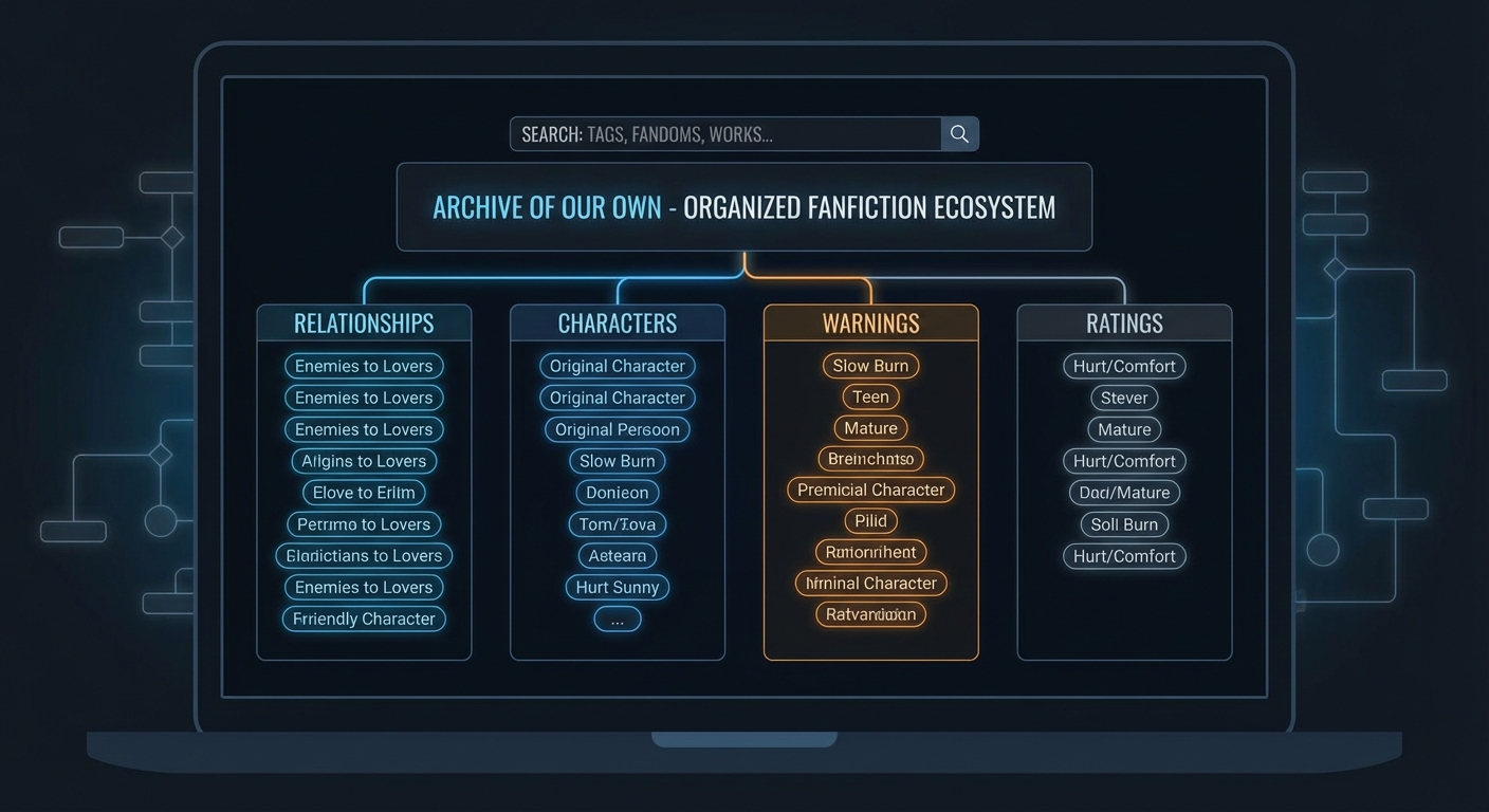 AO3 website interface showing tagging system and story filtering options