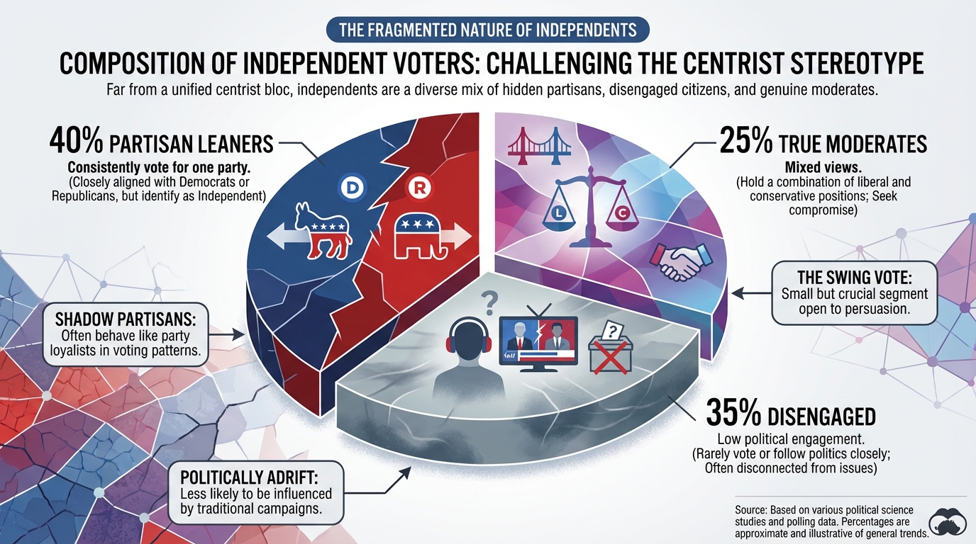 Breakdown of independent voters showing partisan leaners, true moderates, and disengaged voters