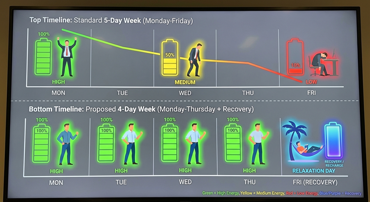 Timeline showing employee energy levels across four-day versus five-day work weeks