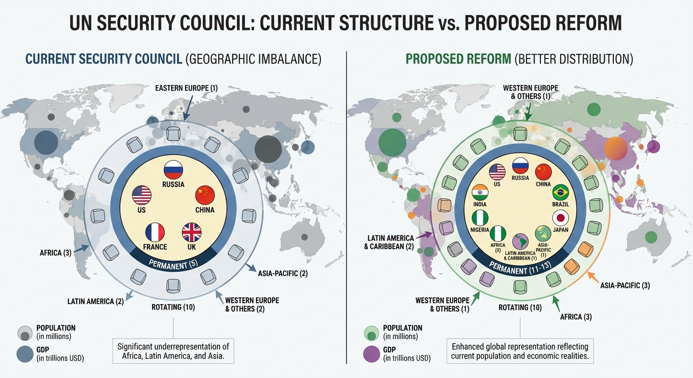 Infographic showing current versus proposed UN Security Council composition with global representation