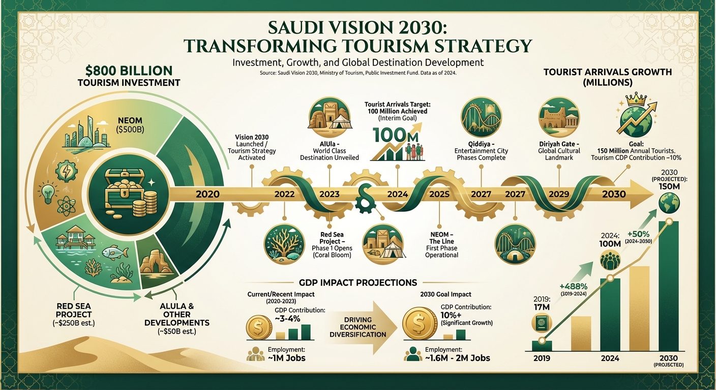 Infographic showing Saudi Arabia's Vision 2030 tourism investments and projected growth