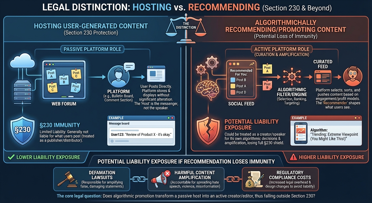 Diagram showing the difference between hosting content versus algorithmically recommending content