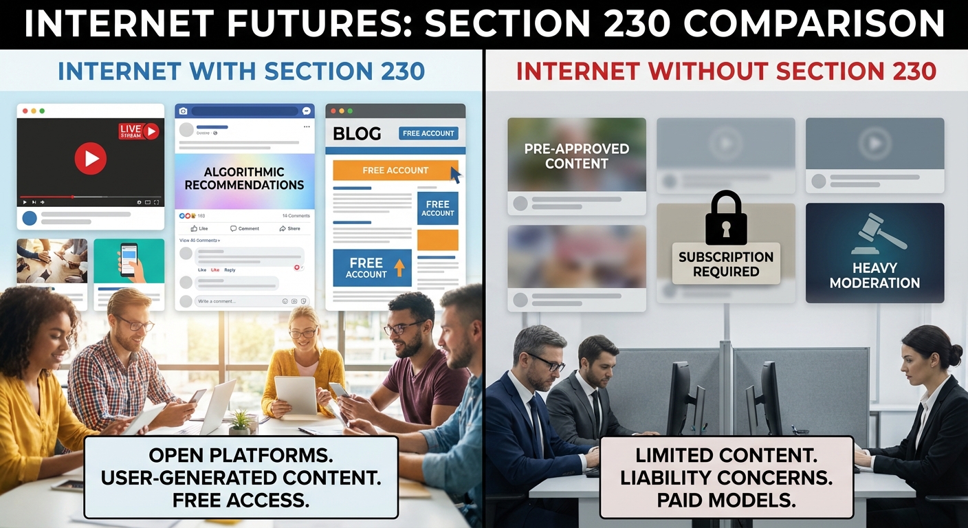 Comparison of potential internet scenarios with and without Section 230 protections