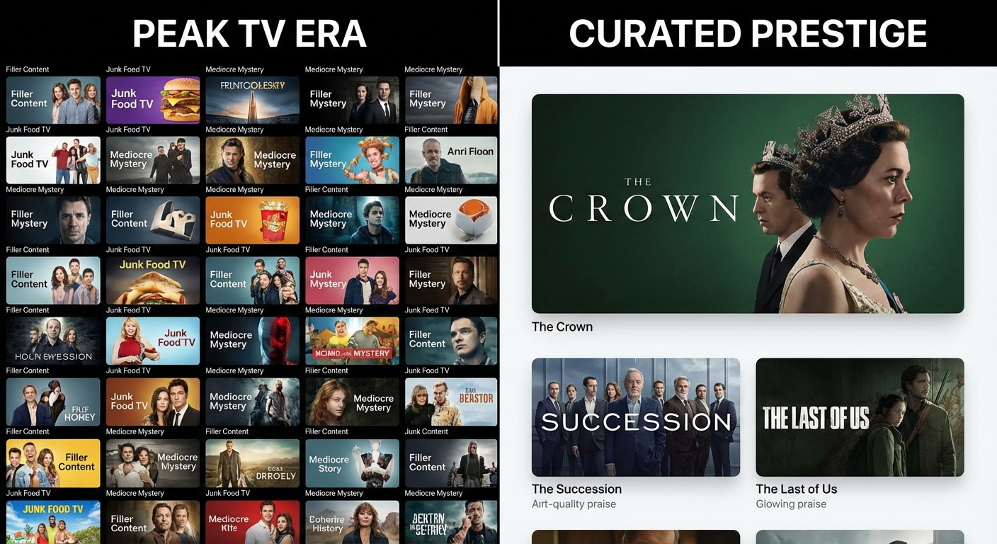 Comparison of streaming platform interfaces showing curated prestige content versus cluttered content libraries