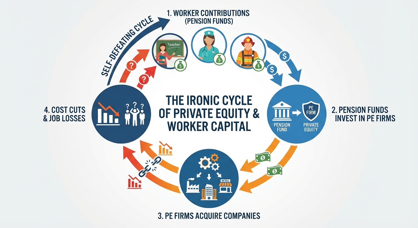 Circular diagram showing how pension funds invest in PE firms that acquire employers
