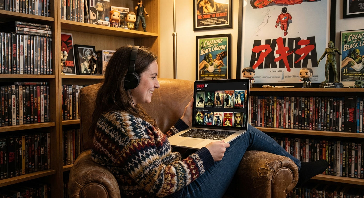Enthusiastic fan browsing niche streaming service with satisfied expression