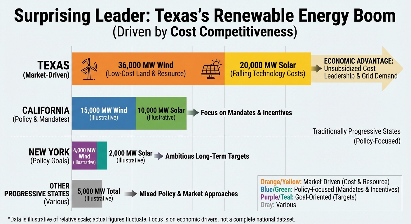 Data showing Texas renewable energy production compared to other states