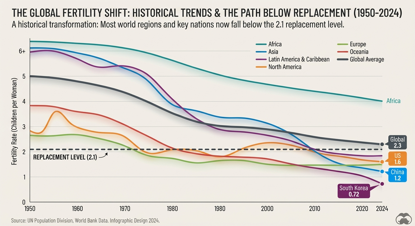 Infographic showing global fertility rates declining across all regions from 1950 to 2024