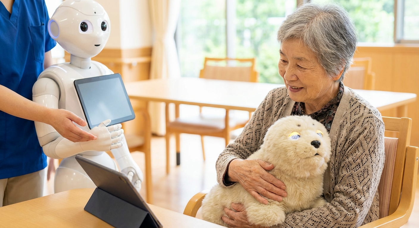 Japanese elder-care robot assisting elderly patient in modern care facility