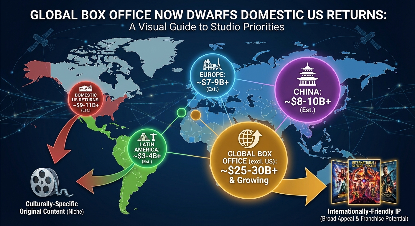 World map showing international box office revenue dominance versus domestic US market
