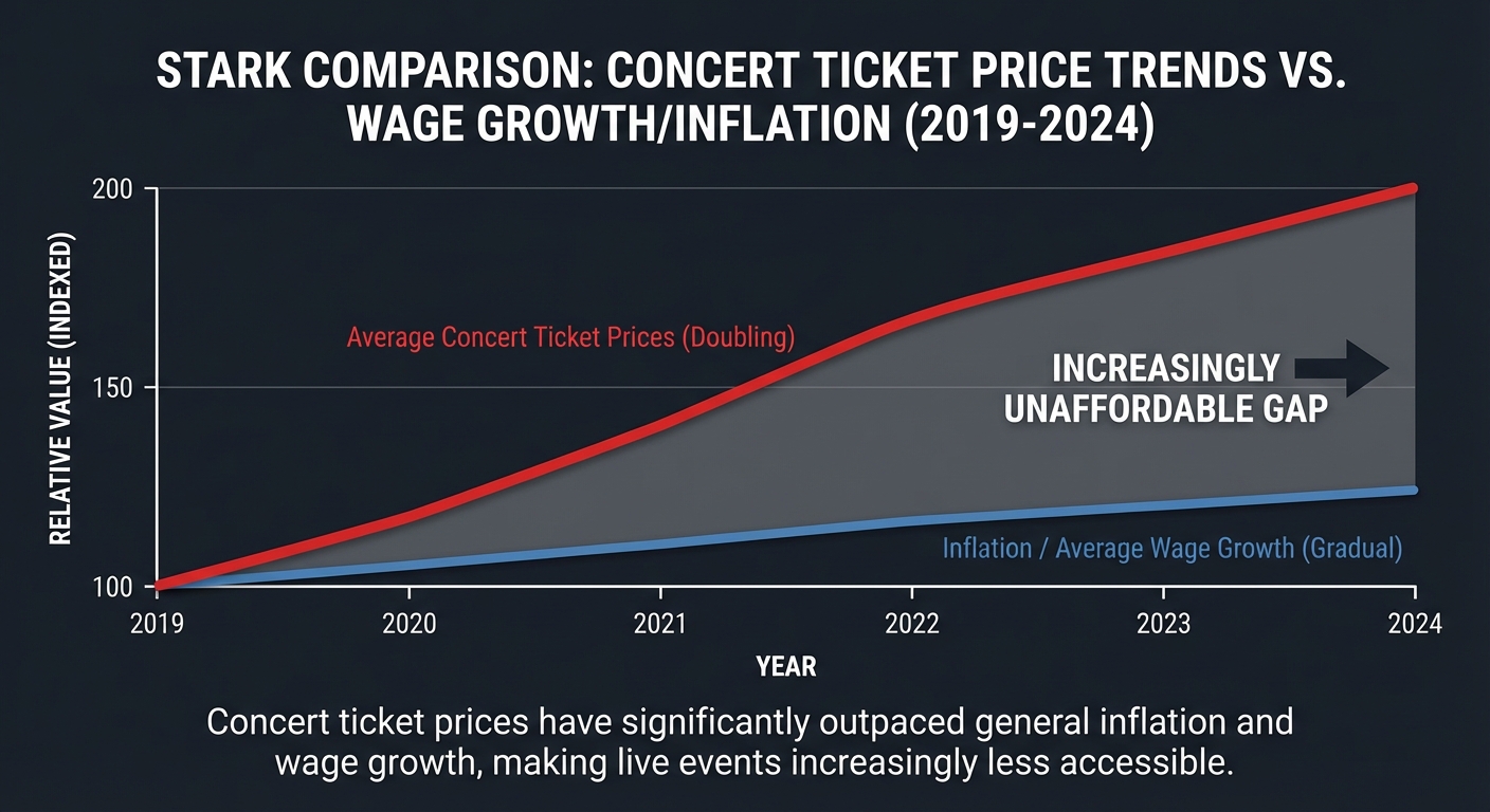 Graph showing concert ticket price increases far outpacing inflation since 2019