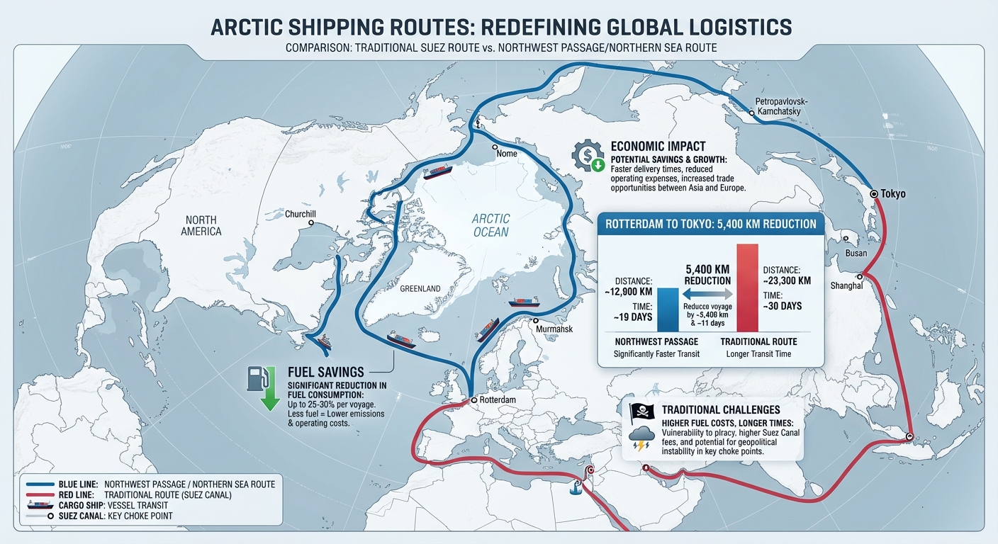 Infographic showing Arctic shipping routes comparing distances between traditional and northern passages