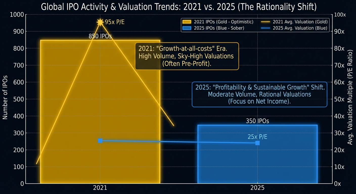 Graph comparing IPO valuations and volume between 2021 and 2025